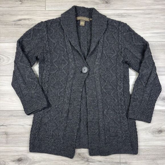 INIS CRAFTS Long Cardigan Sweater Charcoal Gray Merino Wool Irish Fisherman Sz M